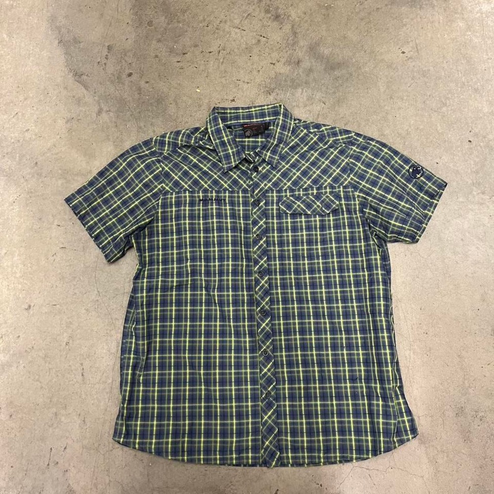Women’s Short Sleeve Plaid Button-Up Shirt - Green/Blue